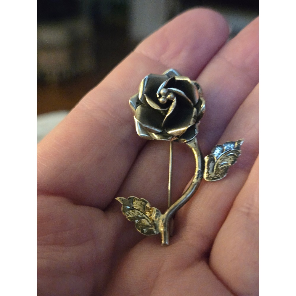 Taxco Mexico Vintage Pure Sterling Silver Blooming Rose Rosebud Flower Brooch
